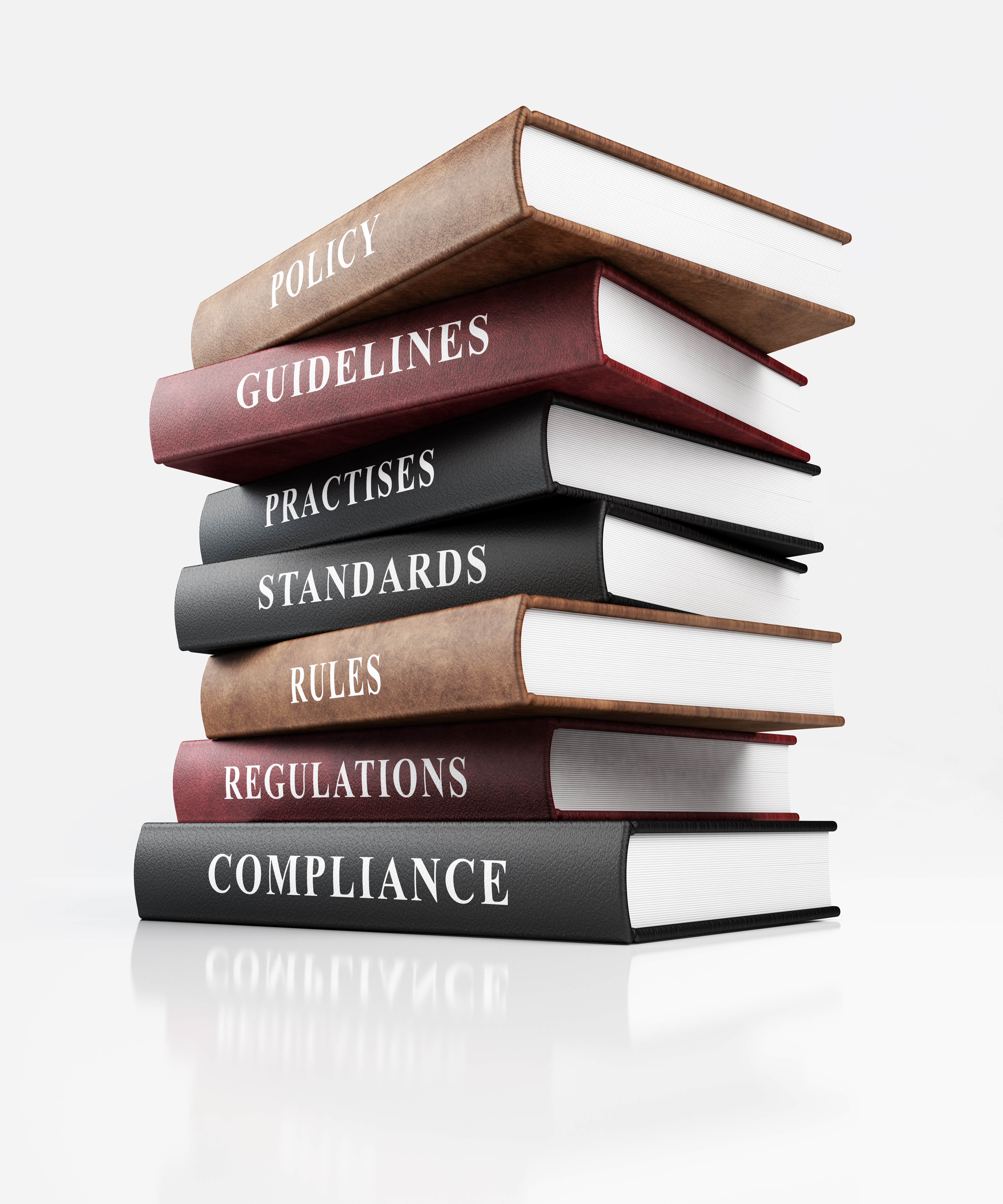 Leather covered book of compliance. Stack of books on top of each other with business words written on their spines. Isolated on white background with clipping path.