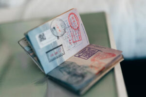 Open passport with stamps