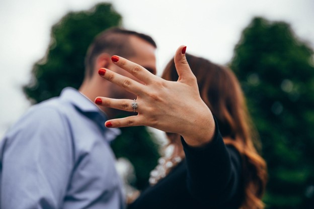 an engaged couple showing off a ring