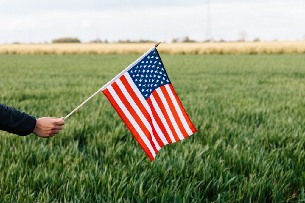 a person waving an American flag