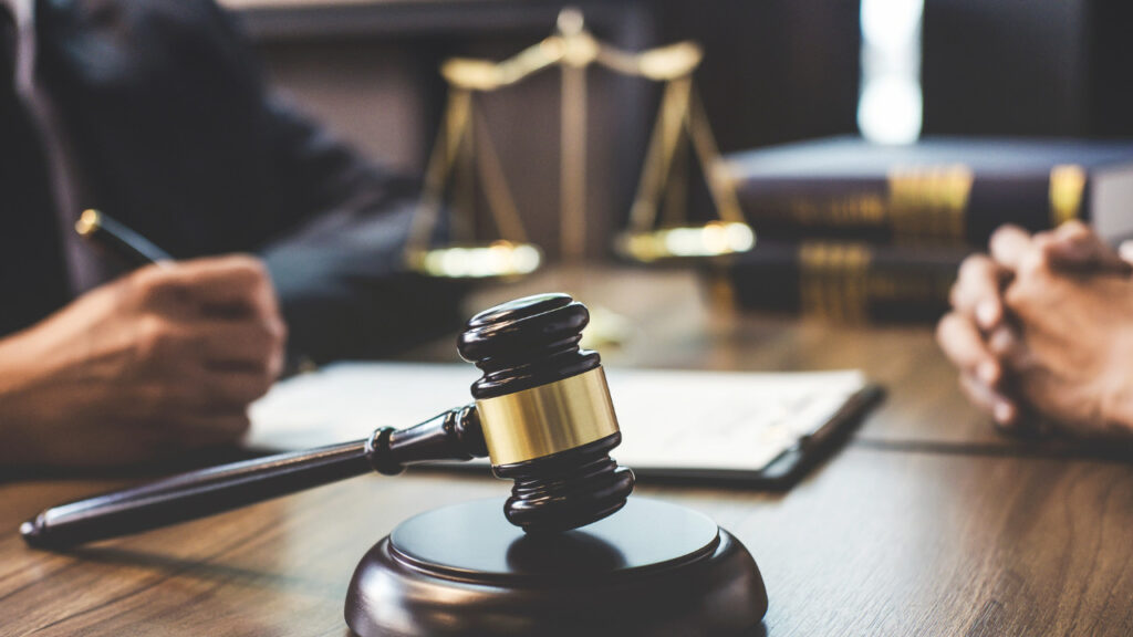 court room with judges and court gavel