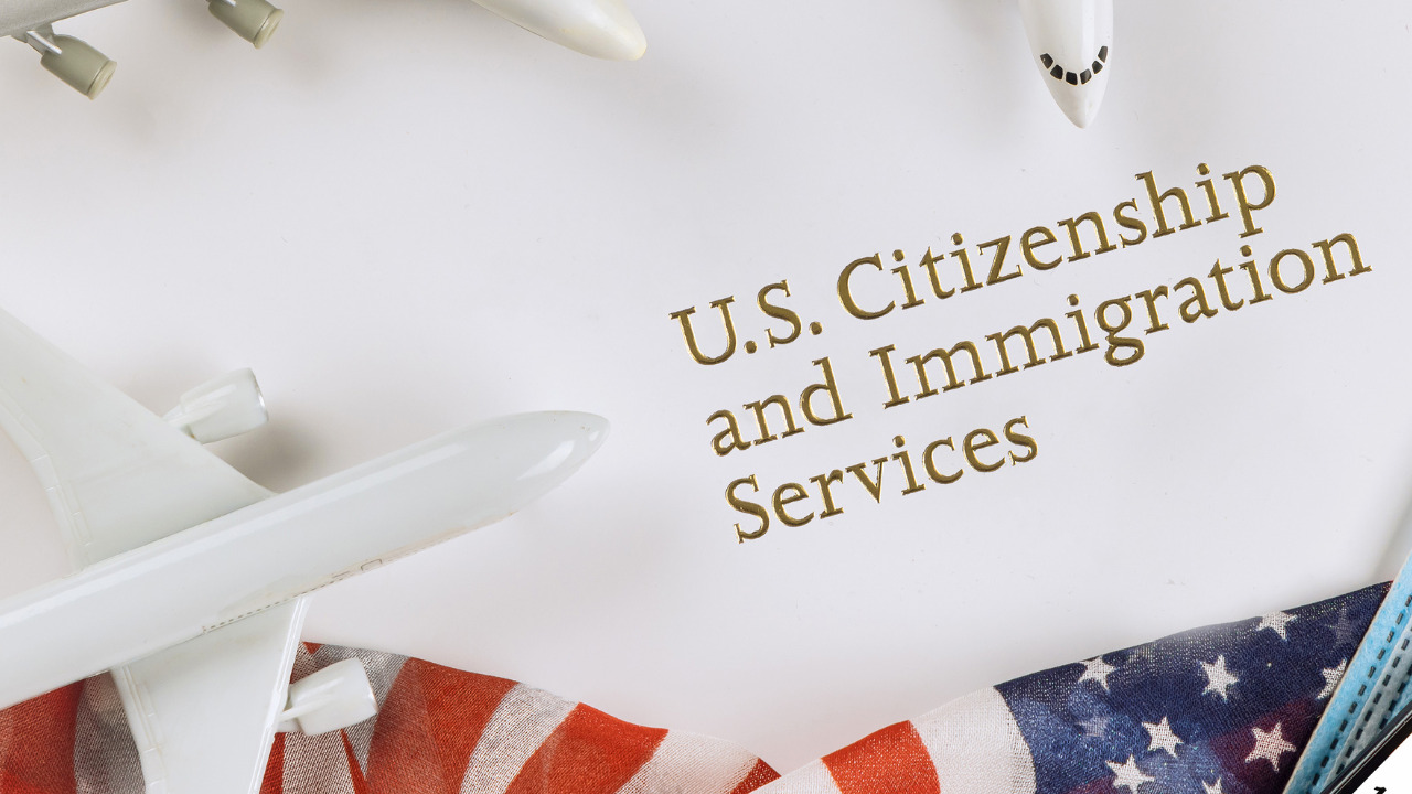 US Citizenship and Immigration Services with US flag and airplane image