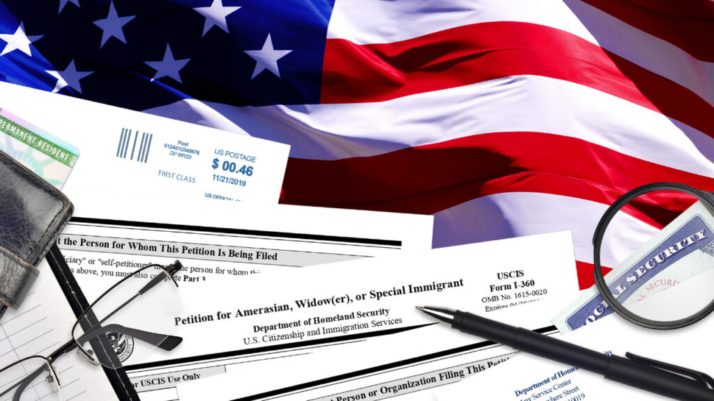 american flag with USCIS form