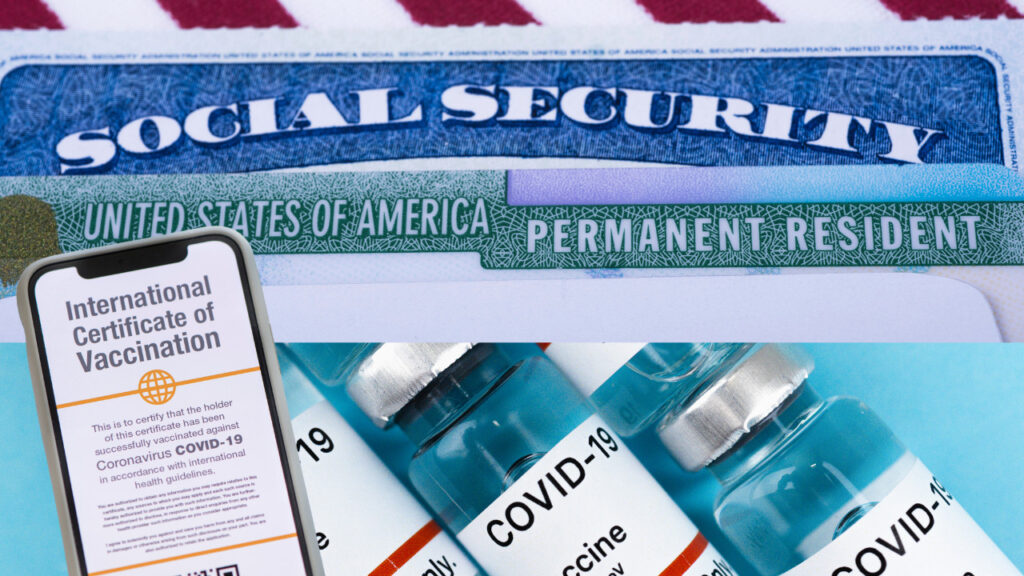 social security logo with covid19 vaccine and a phone with ICV form