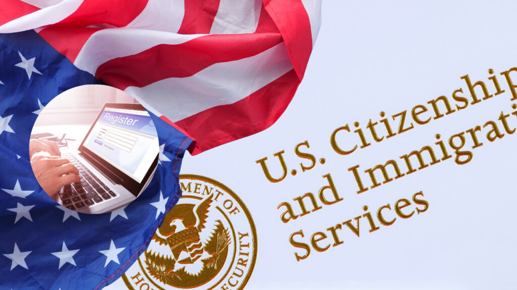 US flag with image of laptop with register text